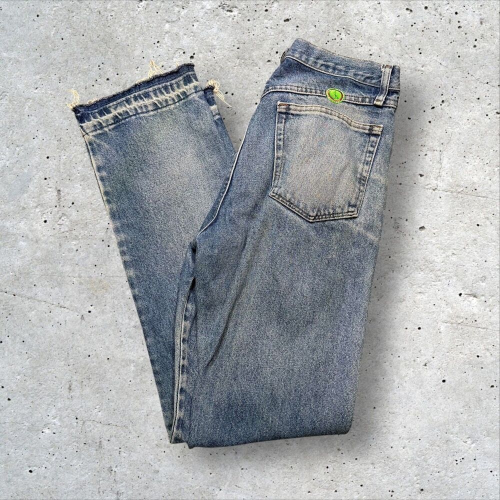 Vintage Light Wash Straight Leg Jeans Mens 33x32 Faded Distressed Raw Hem Peace